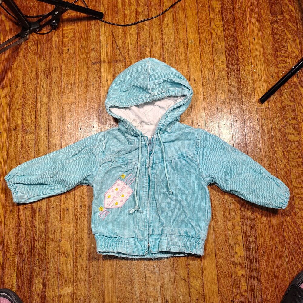 VTG Corduroy Light Blue Embroidered Full Zip Girl Jacket W Hood Size 24m/T585